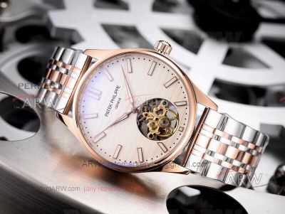 Perfect Replica Patek Philippe Calatrava White Tourbillon Dial 2-Tone Rose Gold Band 42mm Watch